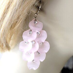 Pink Rose Petal Earrings with Crystals